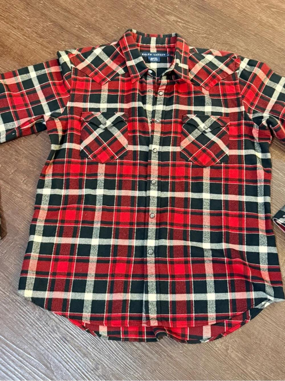Ralph Lauren Red Black Cream Plaid Button-Down Flannel sz 12 Kid  100% Cotton